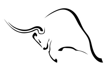Black silhouette in profile of an aggressive bull isolated on wh