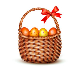 Basket with Easter eggs and a red bow. Vector.