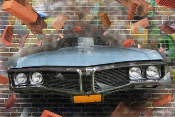 Poster Achtergrondkleur van straatgraffiti op een bakstenen muur © Zarya Maxim