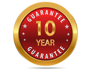 10 year guarantee golden red button, badge,sign