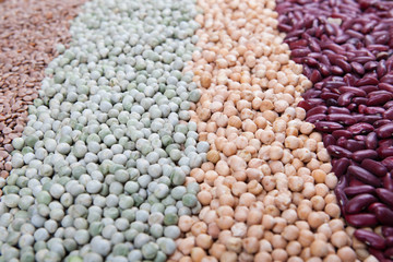 Reihen mit rohen Hülsenfrüchten, Bohnen, Erbsen, Linsen
