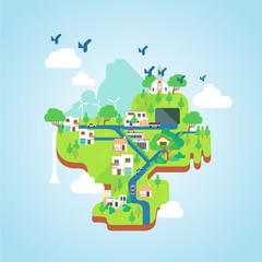 ECO city floating in the sky vector flat style.