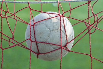 leather soccer ball in the net