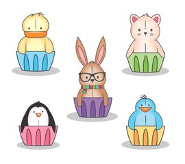 Desenho cupcake bichinhos,pinguim, coelho, gato, pássaro, pato
