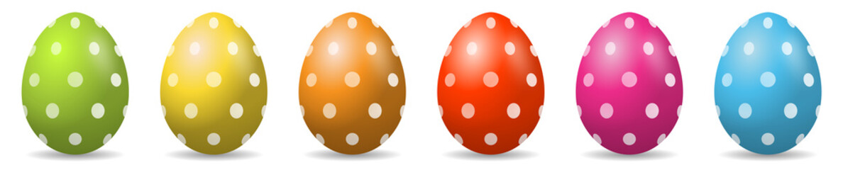 Set: 6 gepunktete Ostereier in frischen Farben, freigestellt