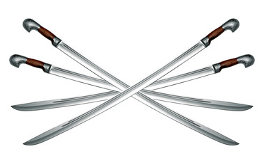 Four naked Circassian cavalry swords isolated on white