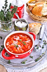 Soup with rice, vegetables and thyme
