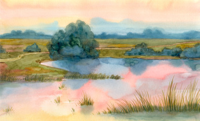 Obraz premium Morning mist over the summer lake