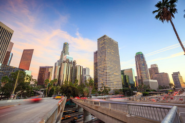 Fototapeta na wymiar Downtown Los Angeles skyline during rush hour