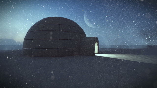 Igloo isolated on a glacier with falling snow