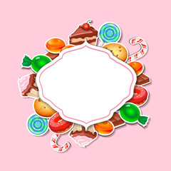 Background with colorful sticker candy,  sweets and cakes.