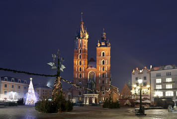 Main Market square in Krakow at night, Poland
