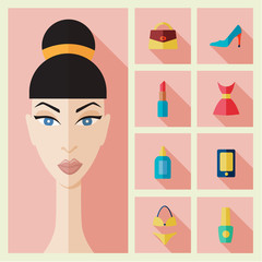 Flat woman icon can be used as avatar and fashion and hair icons in modern flat design with long shadow.
