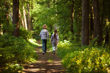 Boy with girl walking in the summer forest