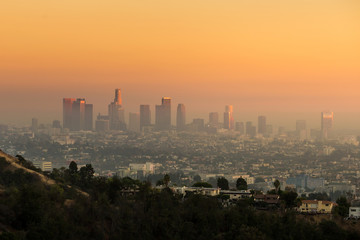 Downtown Los Angeles skyline at twilight