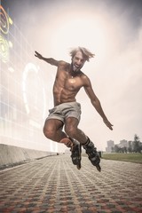 Composite image of fit man rollerblading on the promenade