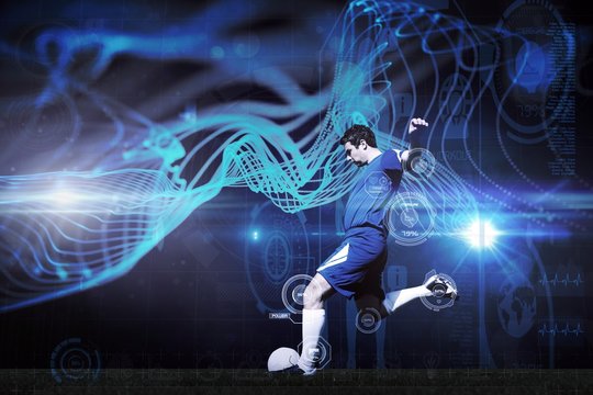 Composite image of football player kicking ball