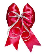 red bow with silver ribbon made from silk