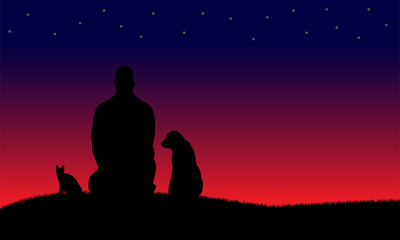 Silhouettes of dog and cat and man