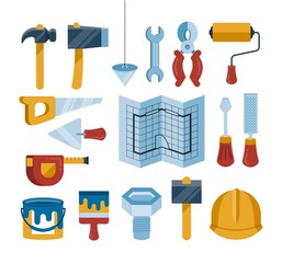 set of vector construction tools icons, flat style illustration