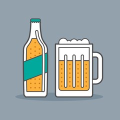beer bottle and glass, vector flat line illustration