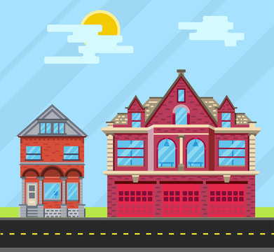 Set buildings house, Old house and  fire station. Vector flat il