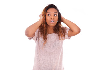 Worried young african american holding her head isolated on whit