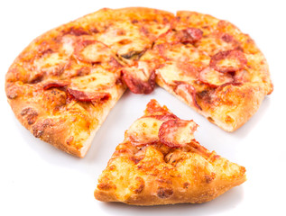 Pepperoni and cheese pizza over white background