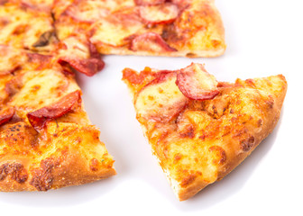 Pepperoni and cheese pizza over white background