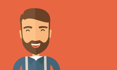 The hipster is laughing.