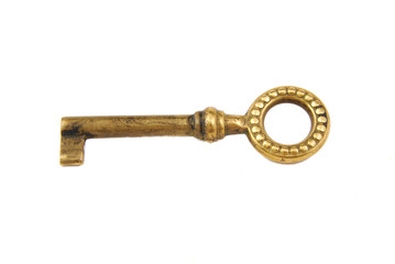 Single old golden key on a white background