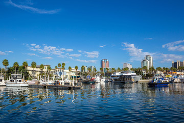 Long Beach Marina and city skyline, California.