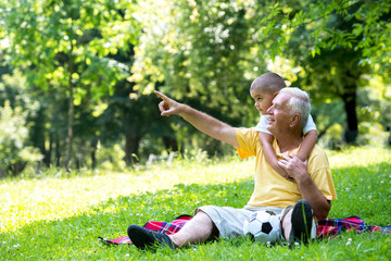 grandfather and child in park using tablet