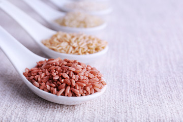 Fototapeta premium Different types of rice in spoons on fabric background
