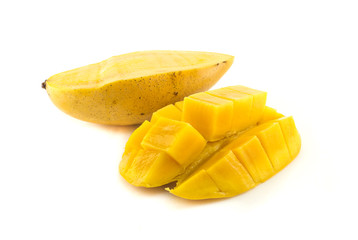 Fresh ripe mangoes on white