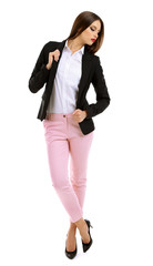 Fototapeta premium Beautiful model in white shirt, pink pats and black jacket