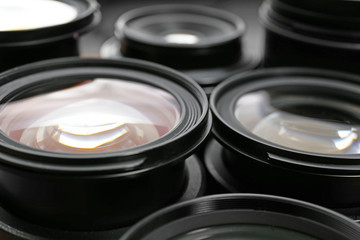 Set of modern camera lenses, closeup