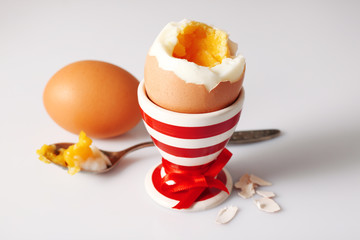 Boiled egg in holder on light background