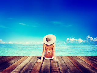 Fototapeta na wymiar Woman Sunbathe Sunny Summer Beach Relaxing Concept