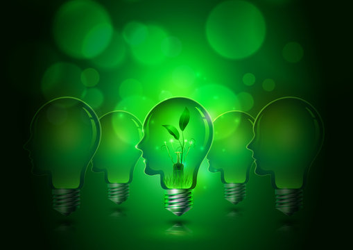 Human Head Light Bulbs Save Ecology Concept