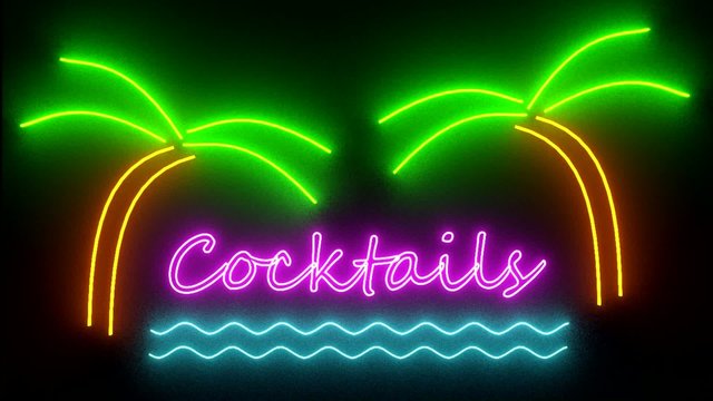 Cocktails neon sign lights logo text glowing multicolor cocktail