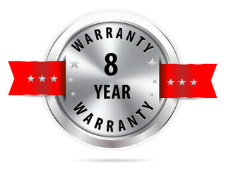 silver 8 year warranty button seal graphic with red ribbons