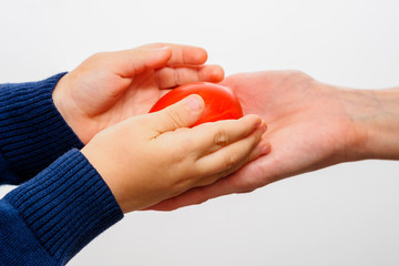 Kid hand holding red easter egg