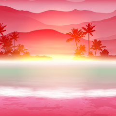 Fototapeta na wymiar Background with sea and palm trees. Sunset time.