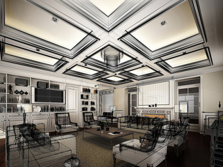 sketch design of living ,3dwire frame render