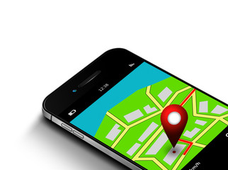mobile phone with map and gps application isolated over white