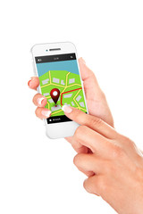 hands holding mobile phone with gps application and map isolated