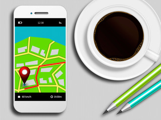 mobile phone with gps application, coffee and pencils lying on t