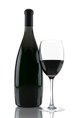 Glass of red wine and a bottle isolated over white background