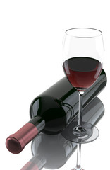 Glass of red wine and a bottle isolated over white background
